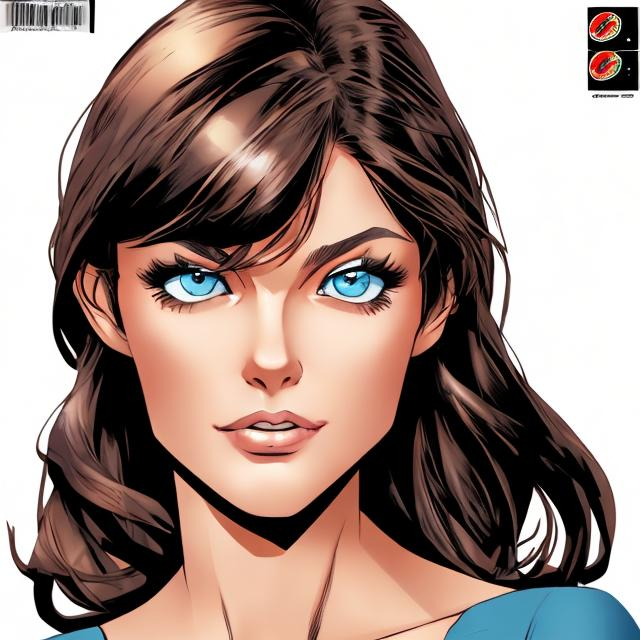 a brunette woman with blue eyes in a comic book style