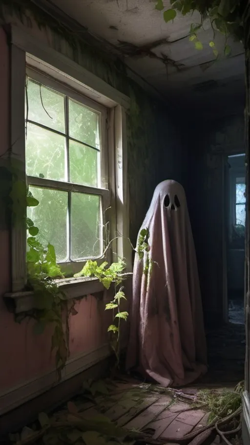 Prompt: Spiritual ghost figure haunting in overgrown abandoned house, detailed, scary, dark, night time, vines hanging, windy, 4k HDR, horror, detailed shadows, eerie atmosphere, haunting presence, spooky, detailed textures, chilling winds, overgrown setting, atmospheric lighting