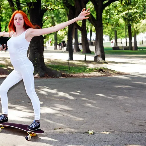 Prompt: A young redhead woman wearing a tight white outfit performing a skateboard move in a public park.