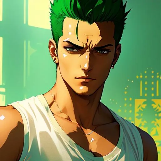 Prompt: Upper body portrait of Roronoa Zoro, 21 years old, Green Spiky  hair, tan skin, white T-shirt, intricate, serious, detailed face. by Ilya Kuvshinov and Alphonse Mucha. Dreamy, sparkles