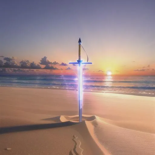 Prompt: Beautiful anime art of a sword plunged into the sand of a beach at sunset