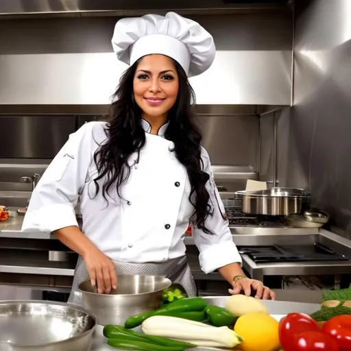 Prompt: latino woman with long hair wearing a chef's hat standing in a luxury kitchen preparing food. ultra.