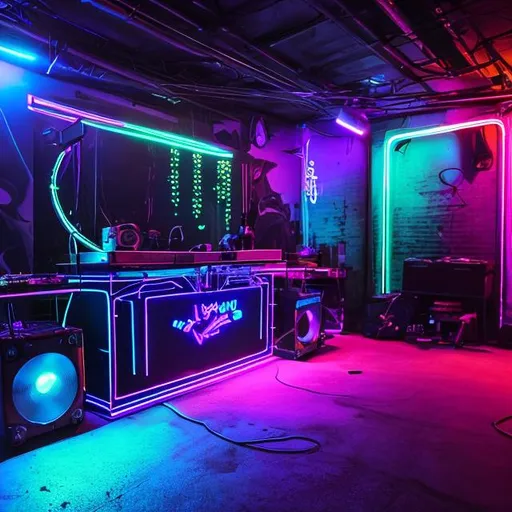 Prompt: back alley neon lights dj equipment