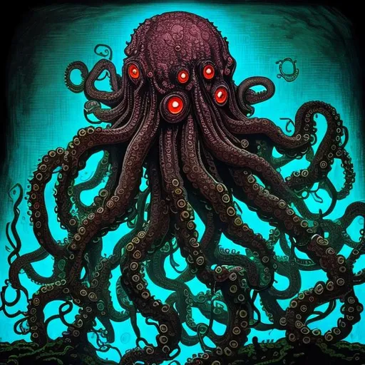 Prompt: pixelart, eldritch, octopus god is a colossal, shifting entity with a massive head adorned with obsidian eyes and writhing tentacles. Its gelatinous form pulsates with bioluminescent hues and is marked by arcane symbols that constantly shift. Whispers and unearthly sounds accompany its presence, instilling a deep sense of dread and madness in all who behold it.

