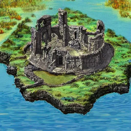 Prompt: ruins on an island in the middle of a lake in a fantasy art style with a top-down view