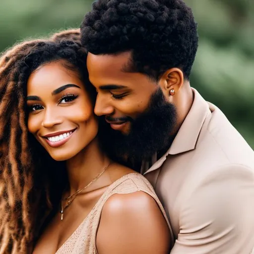 Prompt: One man and one woman hugging. The woman is a black woman with rose beige skin, freckles and dark brown two strand twists. the man is a black man with beige skin, long dreadlocks and hazel eyes.