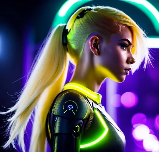 Prompt:  girl with Yellow hair and Cyborg , in the style of futuristic, violet and bronze backdrops, robotic boy, photorealistic costumes, schlieren photography, steanpunk, close-up, Hair, hairstyle to the side, oval face, weight 57kg, height 1.66, 22 years old close-up back view half body, perfect body,  wearing yellow rain jacket and denim shorts in a steanpunk city, hyper realistic details, cinematic lighting, 3d, 8k