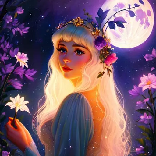 Prompt: a young woman who looks like Lady Amalthea, Disney style, moon, forest, flowers, nighttime, galaxy, soft light, art, painting, sweet, fireflies, vaporwave