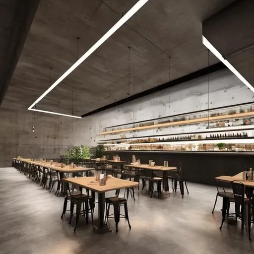 Prompt: Please Create a high-end food hall that uses concrete and creative lighting to enhance the user experience, the hall is y shaped and holds many different counters for different restaurants with some high bar side tables 