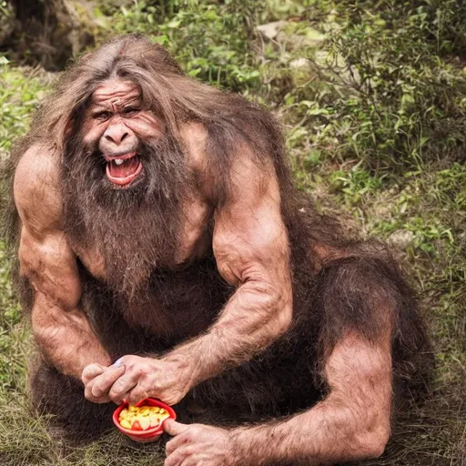 Prompt: a cave man eating a happy mean
