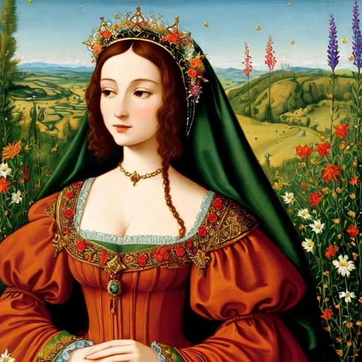 Prompt: Anne of Cleves as a fairy goddess, surrounded by wildflowers, closeup