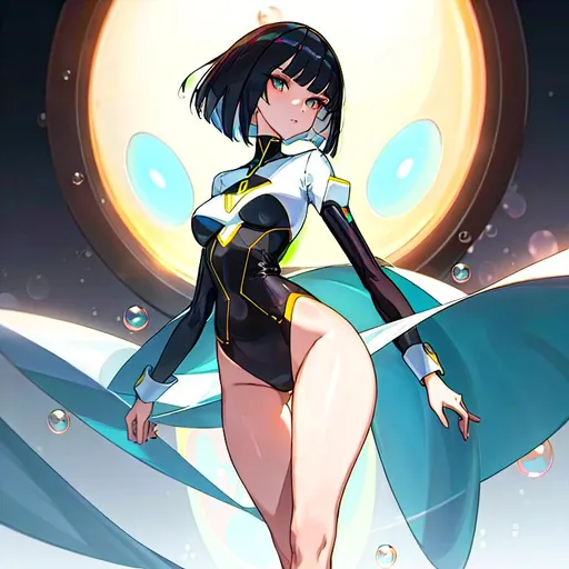 Prompt: a lonely AI girl, very tall, thick thighs, wide hips, long legs, slender arms, slender waist, alluring bubble-butt, big beautiful symmetrical eyes, intriguingly beautiful face, aloof expression, bob haircut with bangs, walking away, 12K resolution, hyper quality, hyper-detailed, hyper-realistic, hyper-professional