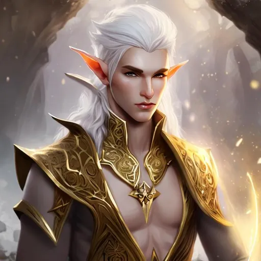 Prompt: male elf, divine magic, white robes, gold hair, bronze skin, 
