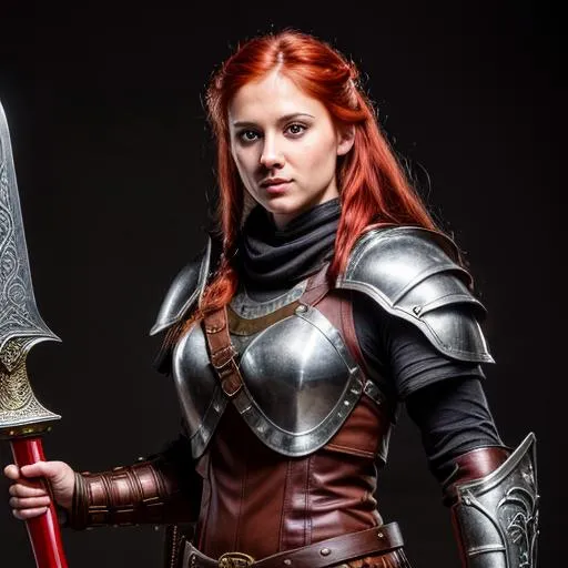 Prompt: DnD fighter, detailed background, intricate details, full plate armor, natural colors, no beard, red hair, Red Sonya, Full  body, wielding a sword