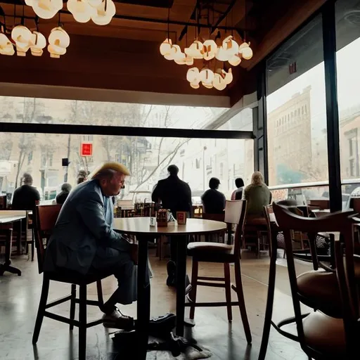 Prompt: A color photograph taken inside of a coffee shop with empty chairs and tables, brightly lit, the only person sitting there is Donald trump, seen from the back, sitting at the coffee bar, looking at his coffee, with a very large window, and people are passing by outside 