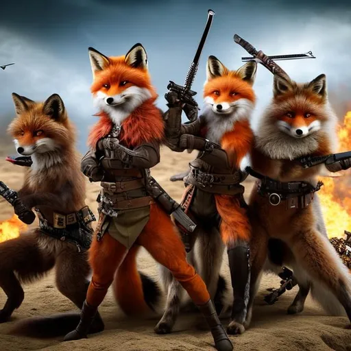 Prompt: Portrait of foxes battling with guns and swords battleground dark action brutal fighting fox war