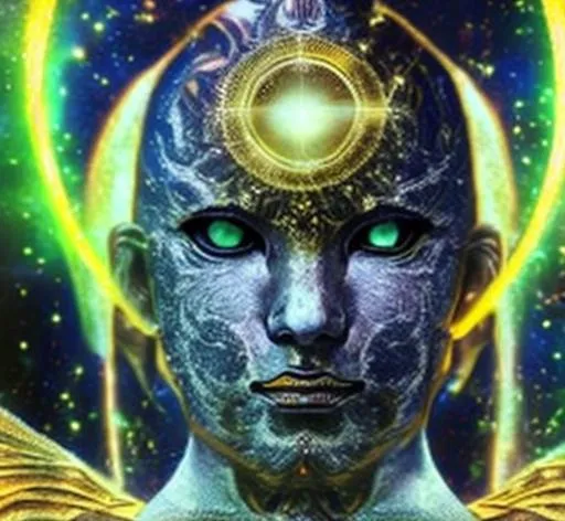 Prompt: Golden eyes glowing, Enlightenment. Fourth dimension 
