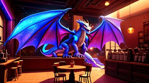 Prompt: Coffee shop ran by dragons in space, space, dragons, coffee shop, dynamic lighting, volumetric lighting, cool colors, deep color, filmic, hyperrealism, 4K, 64 megapixels, 8K resolution, beautiful, 3D shading, colorful, complex, hyperdetailed, fantasy