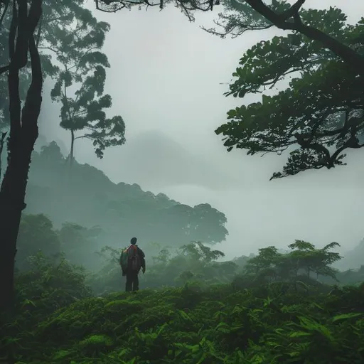 Prompt: A man emerging from the distance from some thick green forest leaves with a white foreboding mountain sailing up from behind the forest and soft mist covering the mountain and forest in the distance. 