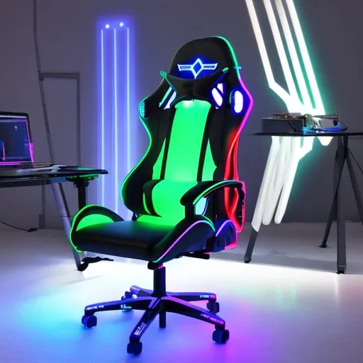 Prompt: Gaming chair with RGB light and laserdiodes with two speed stripes in the middle and an aerodynamic design that looks like it would fit in a ferrari