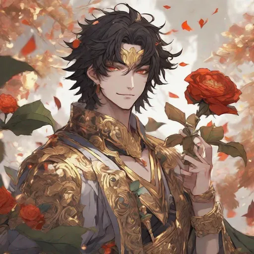 Prompt: God of hanture, anime style, fantasy, gold accents sadistic , vain, smiling, young, leaves flowers 