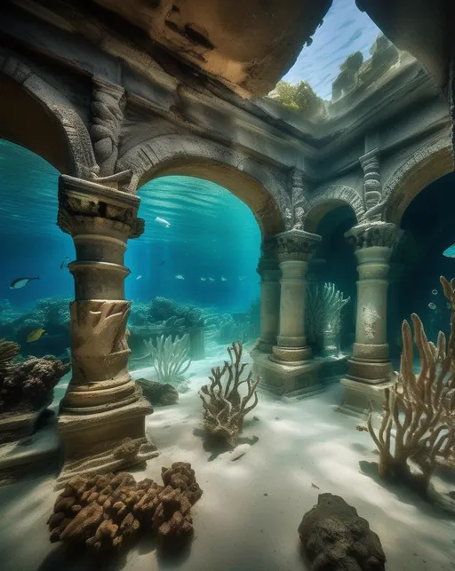 Prompt: An underwater image of the legendary sunken city of Atlantis, with ornate ancient pillars, arches and statues covered in coral and sea plants swaying gently in the currents. Schools of bright tropical fish swim through the ruins. Shot with a Canon 5Ds in an underwater housing, using a 16-35mm wide angle lens and strobes to illuminate the scene. The lighting rays down through the blue water, casting an otherworldly glow over the long lost city. The mood is haunting yet beautiful, like discovering a shipwreck. In the style of Alphonse de Neuville.