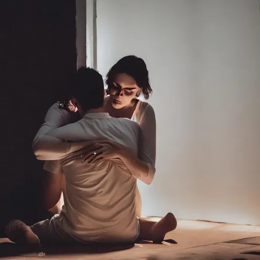 Prompt: Woman embracing a sad man in the dark while sitting on the floor