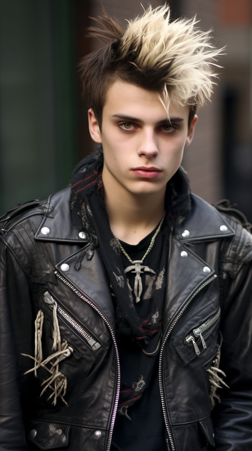 Prompt: A realistic photo of a punk emo boy like you would find in the early 2000s. He has a black mohawk that contrasts with his pale skin, heavy thick eyeliner, and a piercing on his lip. He is wearing a black leather jacket with studs and patches, a black band t-shirt, and ripped jeans. He has a rebellious and confident attitude. --ar 16:9