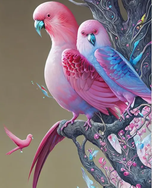 Prompt: Sparkling. 3 beautiful galah birds hanging at a tree . Art by Anna Dittman, Dee Nickerson, alex grey, Michael Cheval. very Glossy.  Add Shimmering. 3d. Very clear resolution.