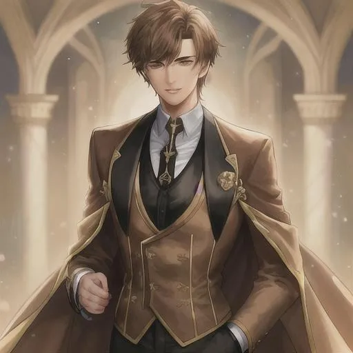 Prompt: young handsome man with short messy light brown hair in fantasy type suit