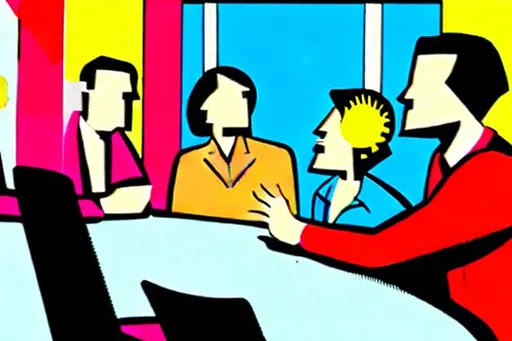 Prompt: A pop-art representation of a lively boardroom discussion