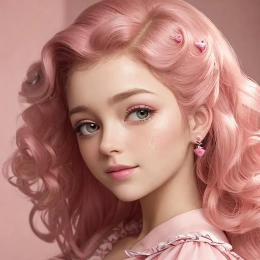 Prompt:  princess wearing pink, curled hair at sides of face, facial closeup