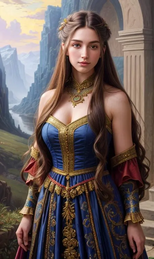 Prompt: Oil painting, Chiaroscuro, landscape, UHD, 8K, highly detailed, panned out view of the character, visible full body, a hyperdetailed mage girl, hyperdetailed long hair, masterpiece, hyperdetailed full body, hyperdetailed feminine attractive face and nose, complete body view, ((hyperdetailed eyes)), perfect body, perfect anatomy, beautifully detailed face, alluring smile, ((fantasy_gown1.3)), small chest