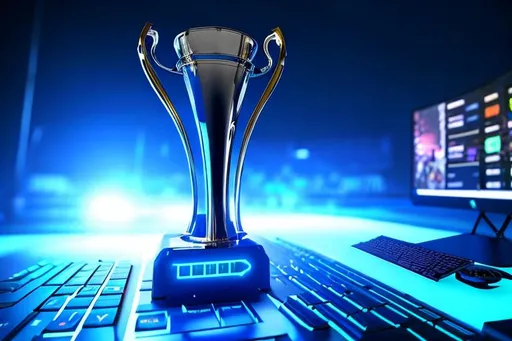 Prompt: Close-up shot on an e-sports trophy placed next to a keyboard in the middle of a dark stadium. The trophy has atoll blue color details. 