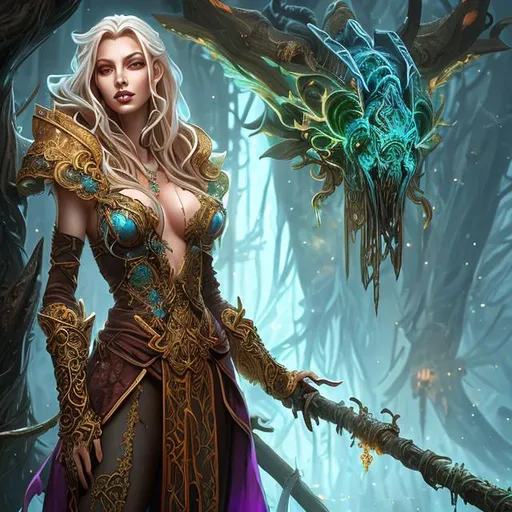 Prompt: Full body splash art of a female zombie lich sorceress, thin and emaciated, long dirty blonde/brown hair, wearing long iridescent robes, carrying a wooden staff, D&D, fantasy, intricate, highly detailed, sharp focus, digital painting, artstation, 4k, 8k