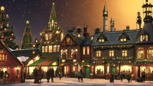 Prompt: Steampunk, Christmas market, Steampunk Ireland City, No Words on image, Fantasy City, Gray Orange and Brown Steampunk Houses, Flags on Steampunk Christmas houses with chimneys, Christmas night time, Colorful Christmas Trees, colorful, Steampunk Victorian Candlestick, Clocks