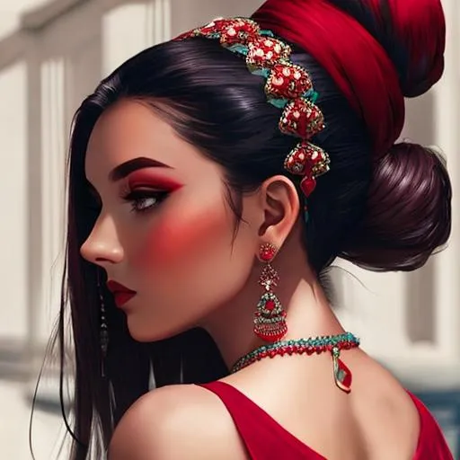 Prompt: woman with stylish topknot,  colors of red and turqouise