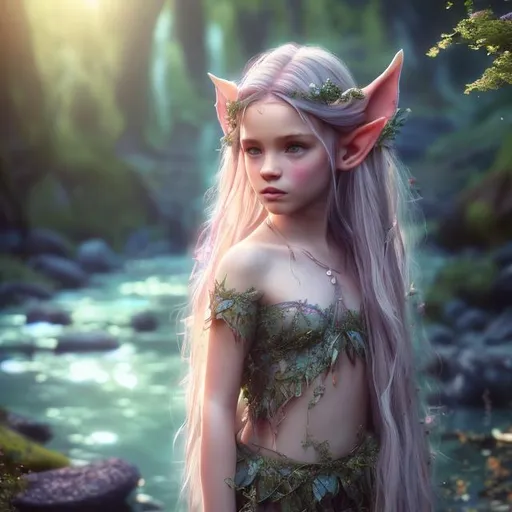 Prompt: UHD, environment, bloom, leavvess, By a river, Highly detailed, HD colour, Young girl, iridesence, elf ears, flowing hair