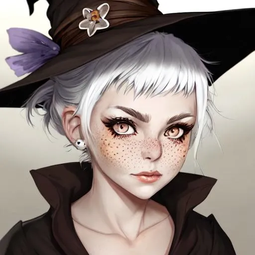 Prompt: Beautiful witch girl with  freckles white hair in a bun  and big  brown eyes 