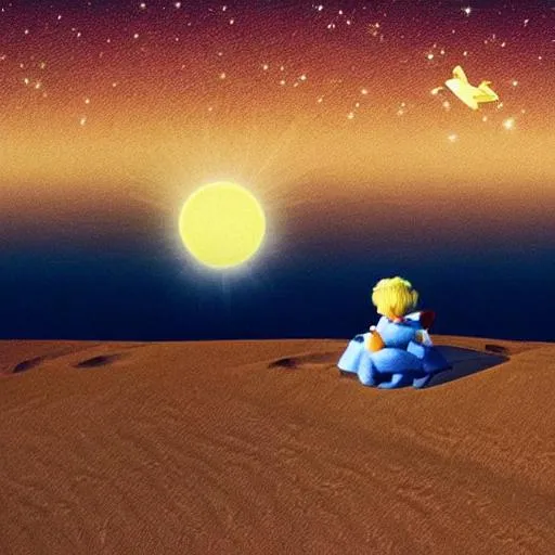 Prompt: The little prince sits on a desert dune next to a rose flower. He is looking at the night sky longing. There is only one star and an old airplane flying. most of the picture shows the night sky. Antoine de saint style