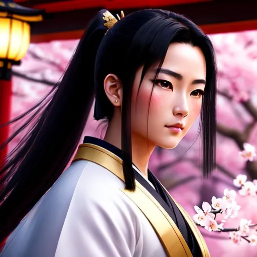 Prompt: Young Samurai with long black hair and ponytail, wearing samurai armor, standing in a Japanese temple, cherry blossom petals falling, illuminated lanterns, glowing sunrise, tranquil lighting, ethereal lighting, delicate shadows, ((beautiful detailed eyes, symmetrical eyes), dramatic lighting, (photorealism:1.5), (photorealistic:1.4), (8k, RAW photo, masterpiece), High detail RAW color photo, a professional photo, realistic, (highest quality), (best shadow), (best illustration), ultra high resolution, highly detailed CG unified 8K wallpapers, physics-based rendering, photo, realistic, realism, high contrast, hyperrealism, photography, f1.6 lens, rich colors, hyper-realistic lifelike texture, cinestill 800)