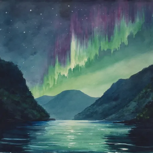 Prompt: Northern Lights above a Nordic Fjord, breathtaking display of vibrant greens and purples dancing across the night sky, reflective water capturing the vivid colors, majestic cliffs and lush greenery lining the fjord, tranquil atmosphere, high contrast with stars twinkling above, ultra-detailed, 4K, cinematic composition, serene and enchanting mood.