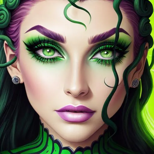 Prompt: Medusa-A woman all in green,  large green eyes, pretty makeup