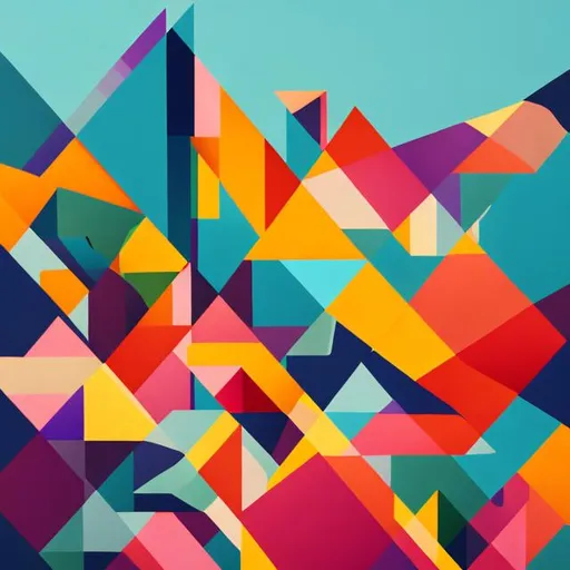 Prompt: Geometric animals in a vibrant, abstract landscape.