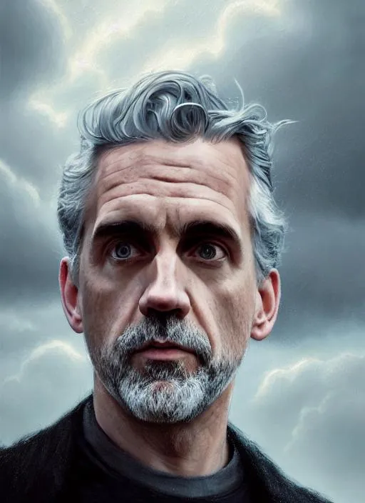 Prompt: Portrait of jordan peterson with silver hair and with cute face, stormy illuminated clouds, perfect composition, hyperrealistic, super detailed, 8k, high quality, trending art, trending on artstation, sharp focus, studio photo, intricate details, highly detailed, by greg rutkowski