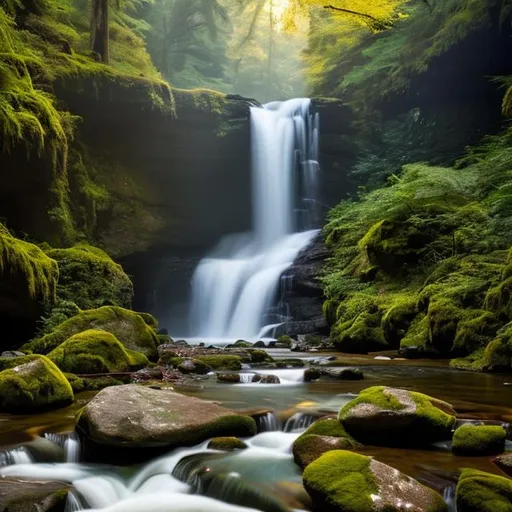 Prompt: River, cascading waterfall, daytime forest background, cave, gorge, mossy rocks, rule of thirds, golden hour, golden ratio, long exposure, Hyperrealism, lightshafts, soft dramatic lighting, ultra high quality octane render, trending on artstation, sublime. hypermaximalist.