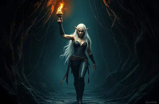 Prompt: (fantasy style), (female drow elf), long white hair, walking through a dark cobweb filled cave, holding up a flaming torch high, wearing tight-fitting leather corset with straps, tight leather trousers, high boots, (dark color scheme), dramatic shadows, mysterious ambiance, illuminating flickers of light, ultra-detailed, magic and danger in the air.