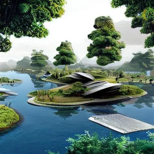 Prompt: futuristic African village, hyper realistic lake, hyper realistic river, amazing realistic water, alien wildlife, post apocalyptic 