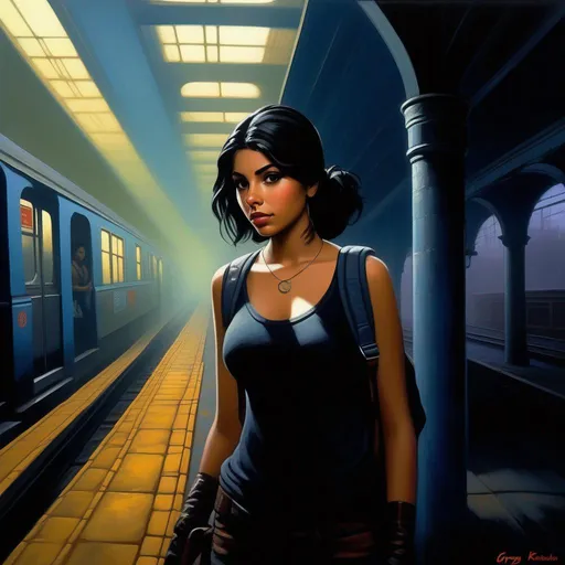 Prompt: Third person, gameplay, Puerto Rican girl, pale olive skin, black hair, dark brown eyes, late 2000s, abandoned subway station, foggy, dark blue atmosphere, cartoony style, extremely detailed painting by Greg Rutkowski and by Henry Justice Ford and by Steve Henderson 