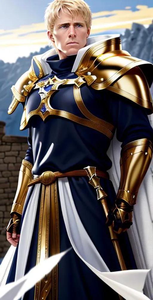 Prompt: Realistic portrait of an (adult male Human Paladin with short blond hair and Short blond hair, and a very masculine face and jaw.) Wearing Gold plate armor with white callar underneath, he has a long white cape that drapes over his shoulders, Has white cape that covers shoulders. Viking town background, D&D setting. perfect composition, hyperrealistic, super detailed, 8k, high quality, trending art, trending on artstation, sharp focus, studio photo, intricate details, highly detailed, by greg rutkowski and alphonse mucha